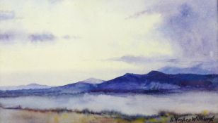 HARRY HUGHES WILLIAMS watercolour - mountainscape in a morning mist, signed and with greeting