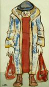 KAREL LEK watercolour and ink - elderly woman with carrier bags, Oriel Tegfryn Gallery label verso