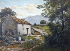 JULIUS LOUIS GODET oil on canvas - old mill building with lady on a little bridge with figures in