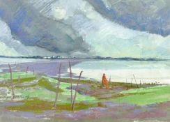 GWILYM PRICHARD mixed media - fisherman in a storm, signed and entitled label verso ‘Coastal Scene