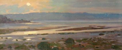 DAVID WOODFORD oil - The Menai Straits looking towards Anglesey from The Spinneys, signed, 3.75 x