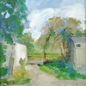 LEONARD BEARD oil on paper - rural scene with outbuildings, signed, 9.75 x 10 ins (25 x 26 cms)