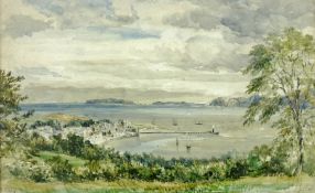 F TAVARI watercolour - fine view looking down on Beaumaris and its pier with Great Orme etc in the