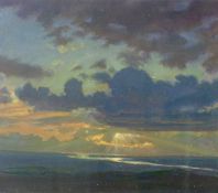 DAVID WOODFORD oil - The Menai Straits from Mynydd Llandegai under a stormy sunset, signed, 7 x 8