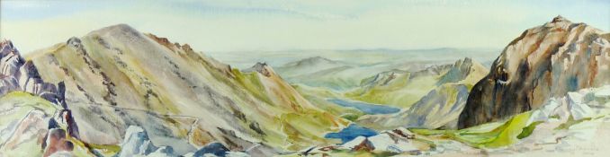 NANCY MORRIS watercolour - Snowdon landscape from Bwlch Glas, signed and dated 2000, 7.5 x 28 ins (