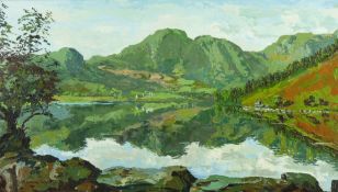 ROWENA WYN oil on board - Crafnant Lake with reflections, signed, 15.25 x 29.25 ins (39 x 74 cms)