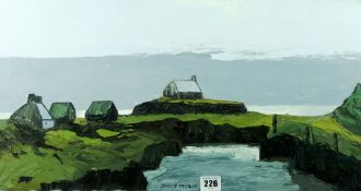 OWEN MEILIR oil on canvas, unframed - St Cwyfan’s Church, Aberffraw, signed, 11.75 x 23.5 ins (30