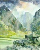 MALCOLM EDWARDS mixed media - evening sun, Snowdonia, signed, 9 x 7.25 ins (23 x 18 cms)