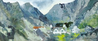 MALCOLM EDWARDS mixed media - cottages at Llanberis, signed, 4.75 x 11.75 ins (12 x 30 cms)