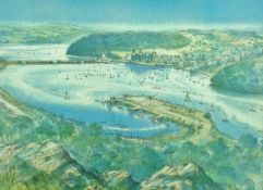 R SCARFF coloured print - panoramic view of the old Deganwy Harbour, Conwy Town and beyond from