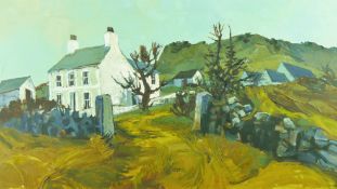 AUDREY HIND oil on board - Anglesey farmstead, signed and entitled verso ‘Bryn Deisi’, 15.5 x 29.
