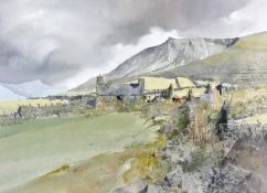MALCOLM EDWARDS mixed media - landscape with farmstead ‘Cwm Silyn’, signed, 13 x 19 ins (34 x 48