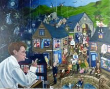 CARL F HODGSON oil on canvas - Dylan Thomas humorous village scene depiction entitled ‘Llareggub