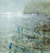 ANDREW DOUGLAS FORBES acrylic - figures on a beach, signed and entitled verso ‘The Green Coat’, 8.25