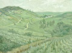 MILDRED ELSIE ELDRIDGE oil, believed on board - Italian vineyard and hillside landscape, signed