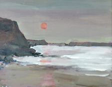 LEONARD BEARD oil on paper - coastalscape with setting sun, signed with initials, 9 x 11 ins (23 x