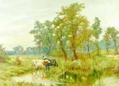 FREDERICK J KNOWLES watercolour - rural scene with cattle watering by a pond, signed and dated 1895,