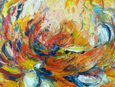 JUNE COLEMAN oil - multi-coloured abstract, signed and entitled verso ‘Regeneration I’, 8.25 x 14