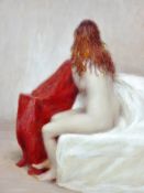 HARRY HOLLAND oil on panel - nude lady seated, signed and entitled label verso ‘Rubicon’ and dated