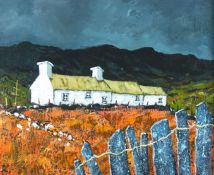GWYN OWEN acrylic on board - Welsh long cottage and slate fence, signed, 15.5 x 19.5 ins (39 x 49