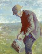 ANEURIN JONES pastel - farmer with bucket, signed, 16 x 13 ins (41 x 33 cms)