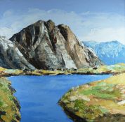 GWYN ROBERTS oil on canvas - expansive mountainscape, signed with initials and entitled label