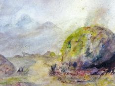 DAVID DIXON watercolour - misty mountain scene and entitled verso ‘Coetan Arthur, St David’s