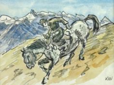 SIR KYFFIN WILLIAMS RA early watercolour and pencil - Patagonian horseman on a hillside, signed with