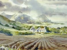 G WYN DAVIES watercolour - farmstead and The Rivals in the Llyn Peninsula, signed and dated 1991,