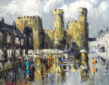 CHARLES WYATT WARREN oil on board - colourful figures on a rainy, dark day, entitled verso ‘