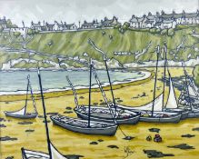 ALAN (E A) WILLIAMS oil on canvas - coastal scene with boats, Aberporth, signed, 17.25 x 21.25