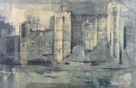 JOHN PIPER coloured print - Quayside walls and Tower of Caernarfon Castle, printed signature, 13 x