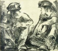 VALERIE GANZ charcoal - two miners resting seated, signed, 12 x 13.75 ins (31 x 34 cms)