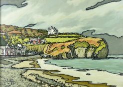 ALAN (E A) WILLIAMS oil on board - coastal scene with cottages, Llangrannog, signed, 15.25 x 23.25