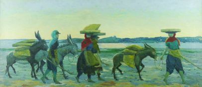 GWLADYS WILLIAMS oil on canvas - cockle gatherers and their donkeys at Llansaint returning home,