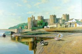 TONY WOODING oil on canvas - Conwy Castle, Harbour and Bridge, signed, 19.25 x 29.5 ins (49 x 75