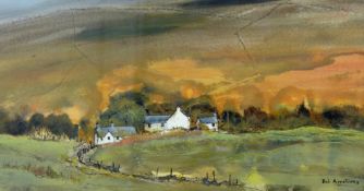 BOB ARMSTRONG mixed media - cottages at Rhyd Ddu, signed, 7 x 15 ins (17.5 x 38 cms)