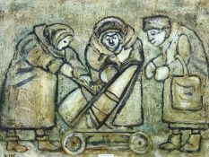 KAREL LEK, oil on board, unframed - three elderly ladies doting on a baby in a pram, signed, 14 x