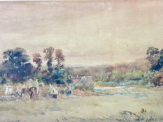 DAVID COX JNR watercolour - rural landscape with figures on a horse and a farmstead, signed, 7.25