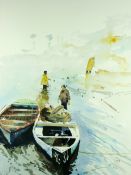 ROB PIERCY watercolour - boatmen in Porthmadog harbour, signed, 26 x 20.25 ins (66 x 51 cms)