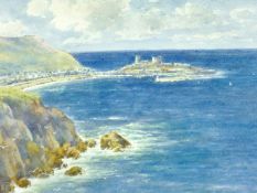 WARREN WILLIAMS ARCA watercolour - expansive coastalscape with harbour and castellated hill,