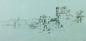 IOLA SPAFFORD delicate pen and ink study of Caernarfon Castle and parts of the Town from the South
