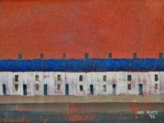 JACK JONES watercolour - a terrace of cottages, signed and dated 1985, 3.5 x 5 ins (9 x 12.5 cms)