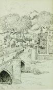 JOSEPH PENNELL ink drawing - Llangollen Bridge over the Dee with figures etc, signed, 8.75 x 5.25