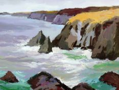 DONALD McINTYRE acrylic - rocky coastal seascape, cliffs near Solva, signed with initials and with