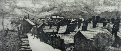 DAVID WOODFORD etching - sunlit North Wales quarrying village, signed, 8 x 17 ins (20 x 44 cms)