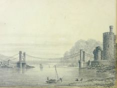 Attributed to DAVID COX SNR black and white drawing - Conwy Castle and Suspension Bridge with