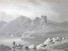 19th Century School sepia drawing - Dolbadarn Castle with figures in a boat by a lake, 8.25 x 11.