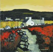 OWEN MEILIR oil on canvas - Welsh hillside farmstead, signed, 15.5 x 15.5 ins (39 x 39 cms)