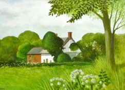 DOUGLAS WILSON oil on board - small country house amongst trees, signed, 7.25 x 11.5 ins (18 x 29